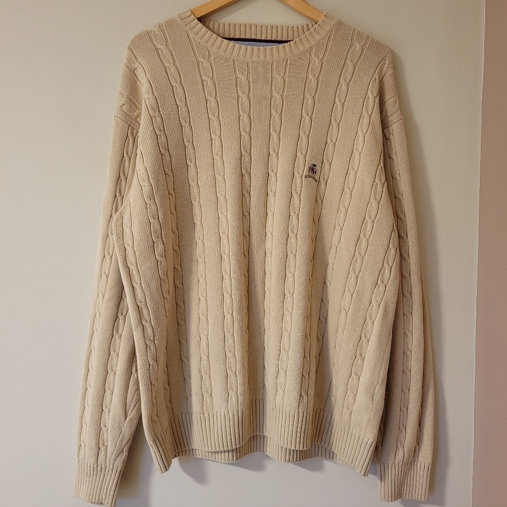 Vintage Y2K Tommy Hilfiger Men's Cotton Cable Knit Sweater Beige Preppy Sz Large